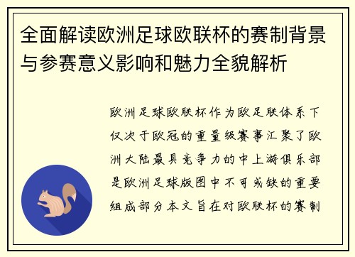 全面解读欧洲足球欧联杯的赛制背景与参赛意义影响和魅力全貌解析