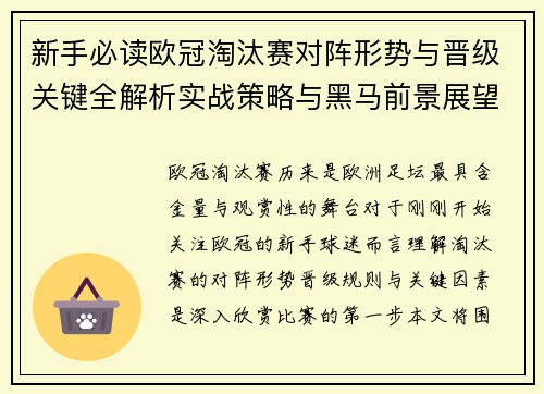 新手必读欧冠淘汰赛对阵形势与晋级关键全解析实战策略与黑马前景展望